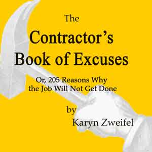 cover of Contractor's Book of Excuses, hand with hammer illustration 